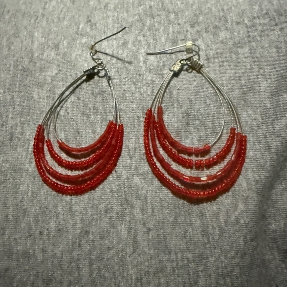 Red Coral Beaded Hoop Earrings